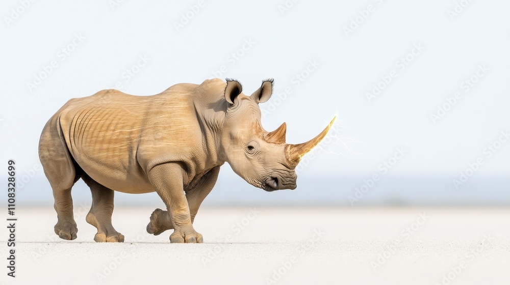 Fototapeta premium Rhinoceros walking through a blank white space conceptual art minimalist environment animal behavior study