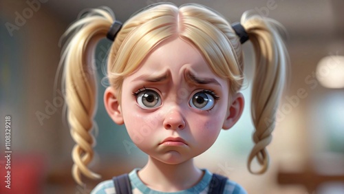 A young girl with blonde pigtails looks sadly at the camera.