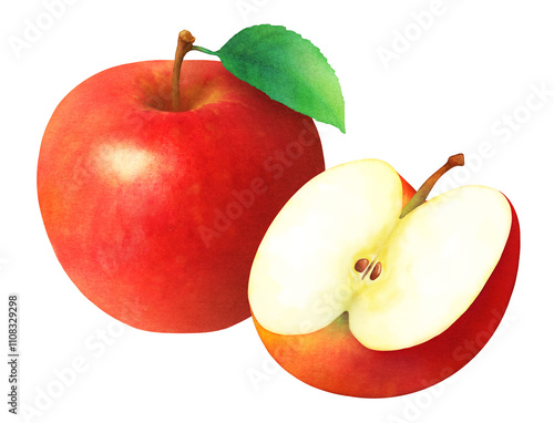 Red apple with leaf. Half cut apple. Watercolor illustration of fresh fruit.