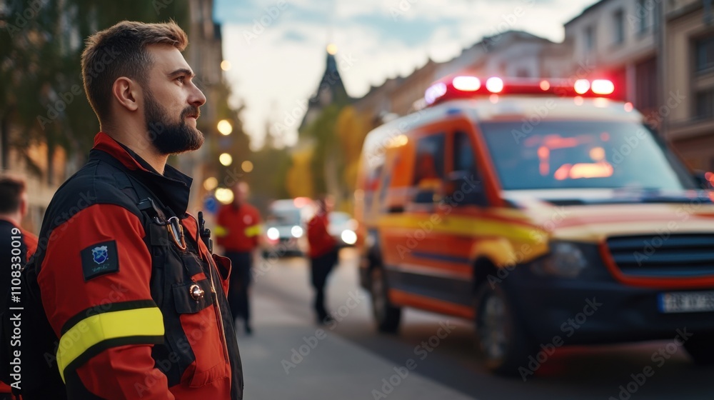 Emergency personnel on duty in urban setting during crisis response with ambulance and team working in background Emergency personnel on duty in urban setting during crisis response with ambulance and team working in background