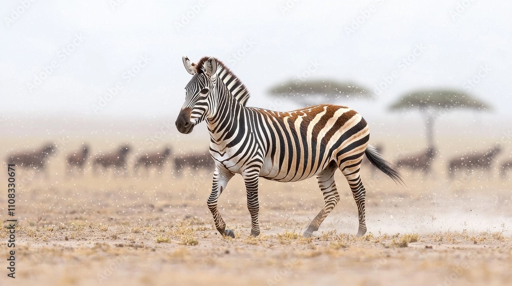 Obraz premium Zebra leading herd across dusty savanna wildlife action nature documentary open environment close-up view conceptual leadership