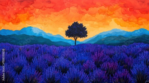 A painting of a tree in a field of purple flowers