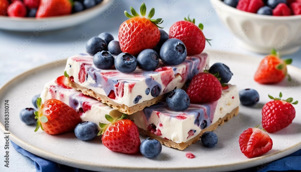 Healthy frozen yogurt bark with fresh berries, including small slices of strawberries, blueberries and raspberries. Suitable for marketing or business purposes Healthy frozen yogurt bark with fresh berries, including small slices of strawberries, blueberries and raspberries. Suitable for marketing or business purposes