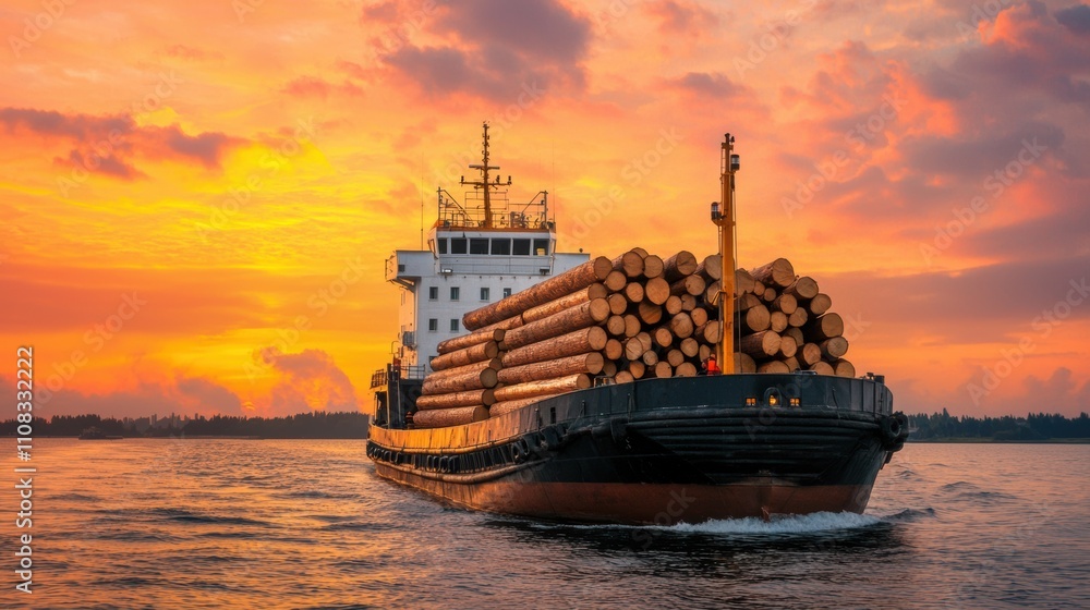 Fototapeta premium A large ship is carrying logs on its deck