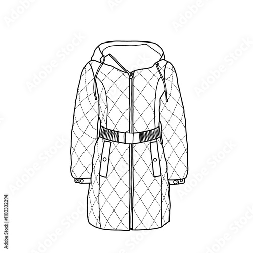 Women's long puffer coat. Puffer jacket with an adjustable belt and double pockets. Outerwear jackets technical fashion illustration. Flat coat template front view.
