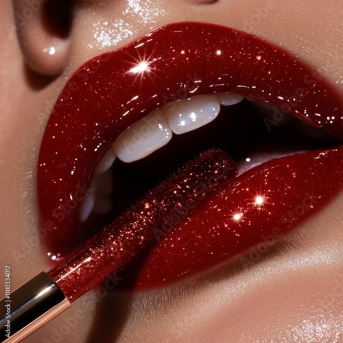 Glossy Red Lips with Sparkling Lip Gloss Detail