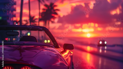 a car driving down a road at sunset with palm trees in the background