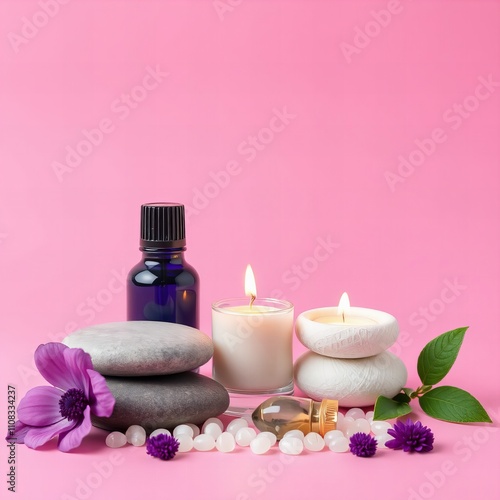 candles, stones, and flowers on a pink background.