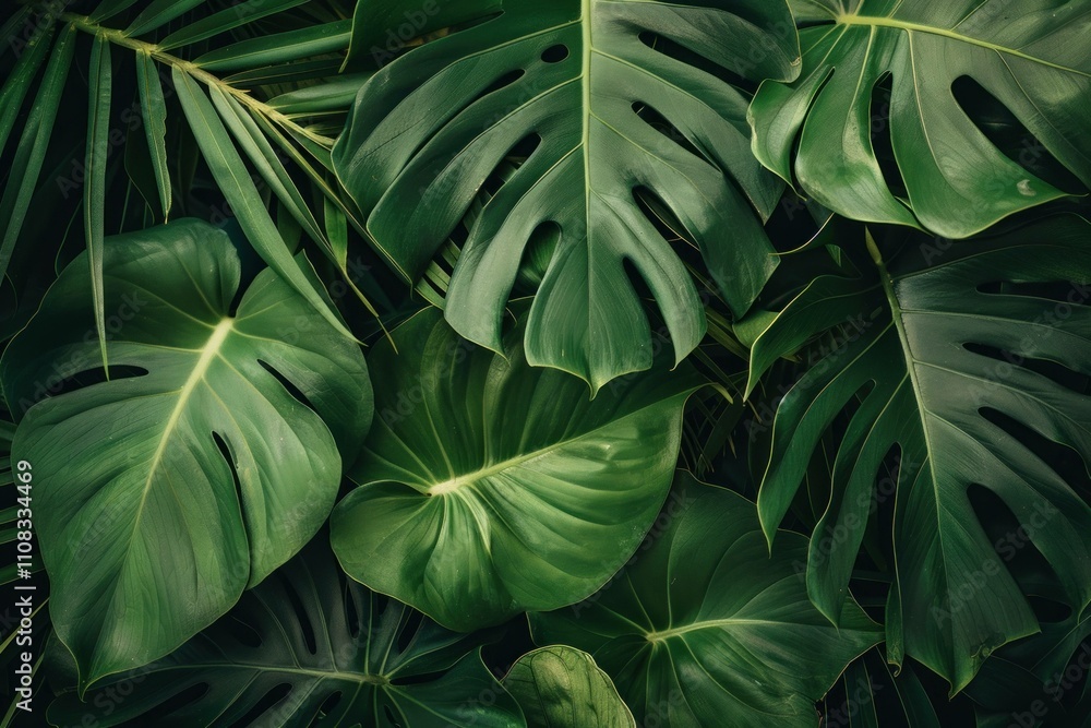 Fototapeta premium Lush green tropical foliage featuring a variety of large, vibrant leaves with intricate details. Perfect for nature and plant-themed designs.