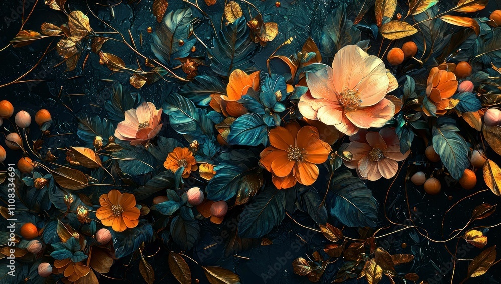 Fototapeta premium Colorful floral arrangement with orange and peach flowers surrounded by lush green leaves and delicate buds. Vibrant botanical design concept on a dark background.