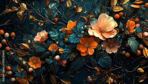 Colorful floral arrangement with orange and peach flowers surrounded by lush green leaves and delicate buds. Vibrant botanical design concept on a dark background.