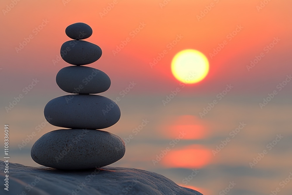 Tranquil Stacked Stones Against Sunset Background Tranquil Stacked Stones Against Sunset Background