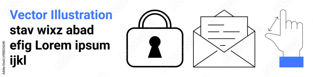 Lock icon for security, envelope for email, cursor for interaction. Ideal for online privacy, data protection, secure messaging, user interaction, hacking prevention communication. Landing page Lock icon for security, envelope for email, cursor for interaction. Ideal for online privacy, data protection, secure messaging, user interaction, hacking prevention communication. Landing page