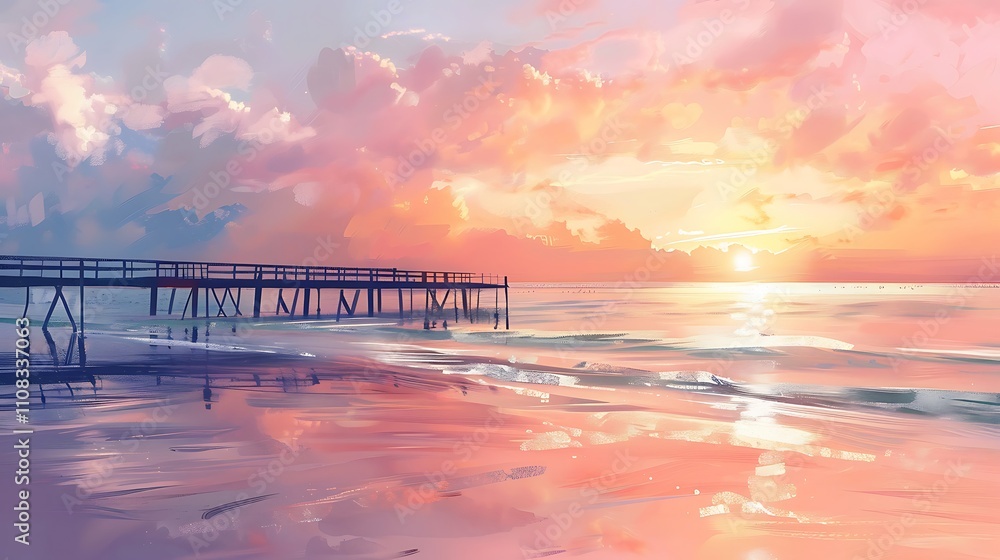 Fototapeta premium Sunrise Over the Ocean with a Wooden Pier