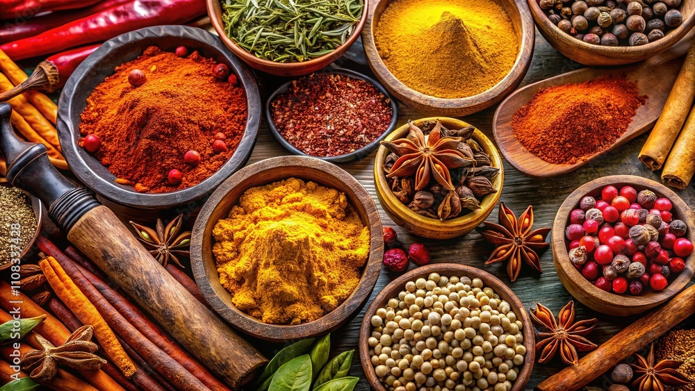 Fototapeta premium Colorful Spices, Aromatic Blend, Culinary Herbs, Gourmet Spices, Exotic Flavors, Spice Display, Spice Rack, Spice Jar, Spices Closeup, Spice Market, Spice Garden