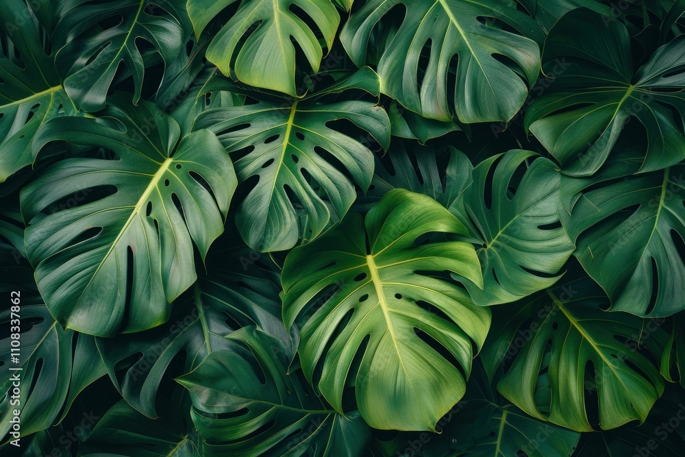 Fototapeta premium Lush green monstera leaves creating a tropical background with vibrant textures and patterns perfect for nature-themed design projects.