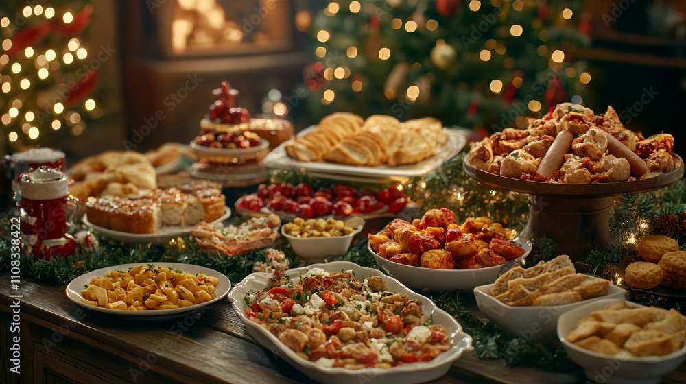 Obraz premium Festive holiday feast with assorted dishes and decorations in a cozy setting