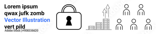 Lock representing security beside rising buildings indicating growth. People icon suggesting teamwork and collaboration. Ideal for business security, data protection, growth strategies, team