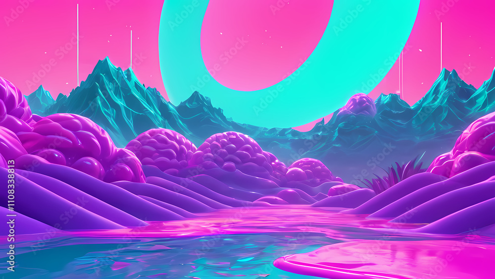Obraz premium Illustrate a Vaporwave background with surreal elements like floating neon shapes, vapor trails, and holographic textures