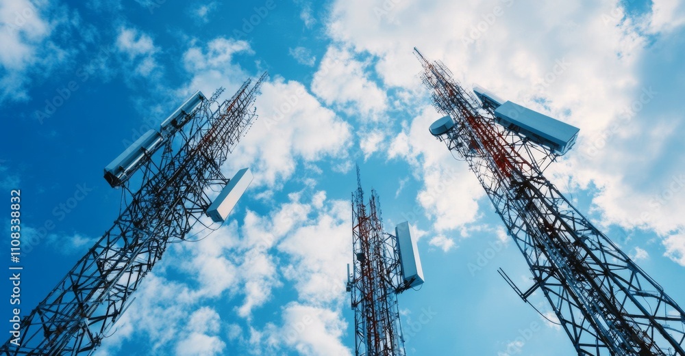 Communications Towers Against Blue Sky With Clouds Communications Towers Against Blue Sky With Clouds