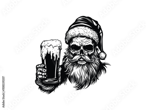 Santa Skull Beer Silhouette Christmas Santa Skull Holding Beer Glass  Holiday Skull Art for Christmas Designs