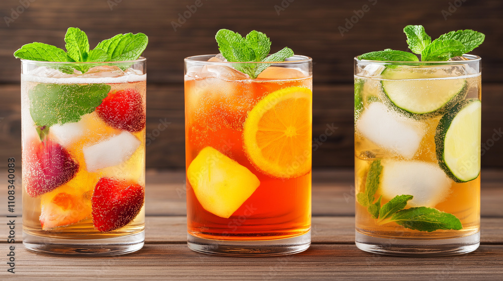 Refreshing Summer Drinks: A trio of iced teas, each brimming with vibrant fruit and fresh mint, beckons you to unwind and savor the sweetness of summer. Refreshing Summer Drinks: A trio of iced teas, each brimming with vibrant fruit and fresh mint, beckons you to unwind and savor the sweetness of summer.