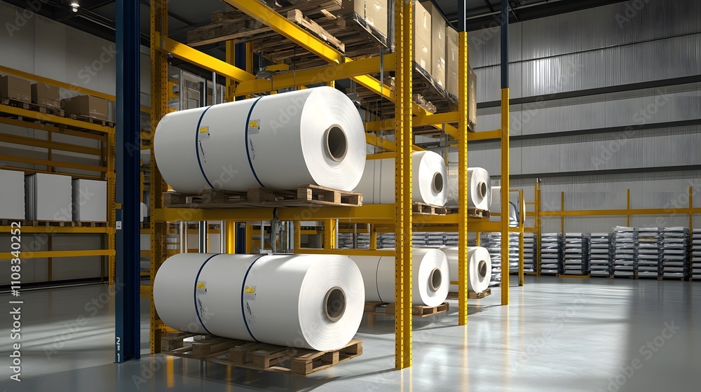A warehouse with many rolls of different colored paper stacked on shelves. The rolls are in various sizes and colors, and they are all neatly organized A warehouse with many rolls of different colored paper stacked on shelves. The rolls are in various sizes and colors, and they are all neatly organized