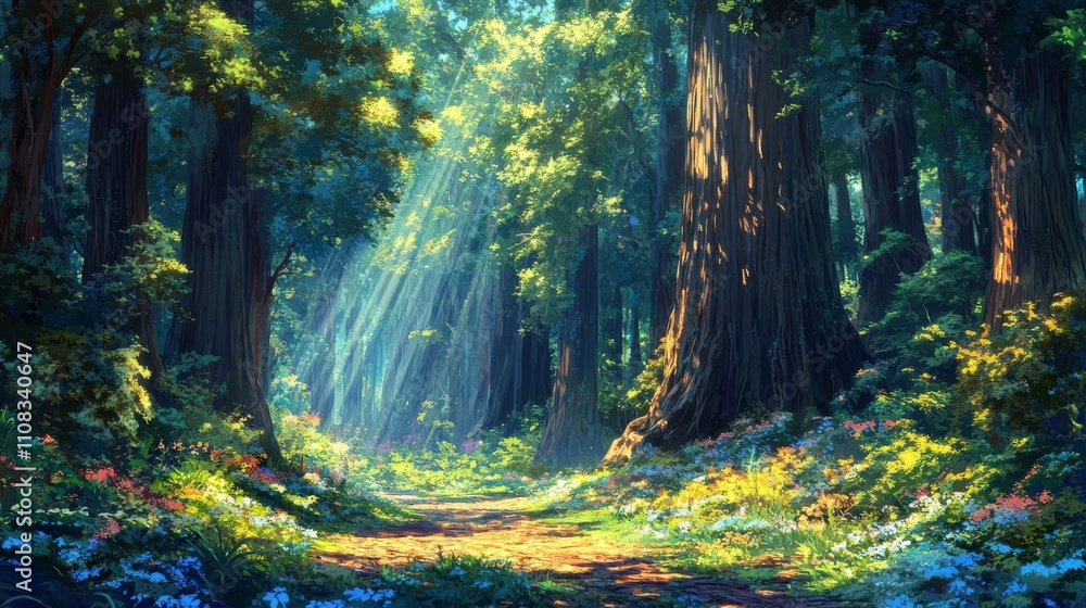 Obraz premium Sunlight Filtering Through a Lush Forest Path