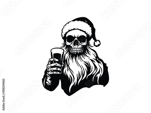 Santa Skull Beer Silhouette Christmas Santa Skull Holding Beer Glass  Holiday Skull Art for Christmas Designs