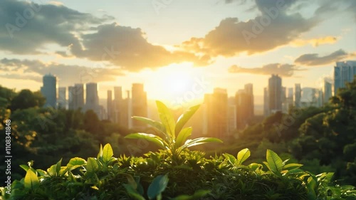 Green Plant Soaring Above Lush Landscape Against City Sunrise Skyline, Bridging Nature and Progress Through the Light of a New Day