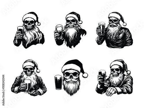 Santa Skull Beer Silhouette Christmas Santa Skull Holding Beer Glass  Holiday Skull Art for Christmas Designs