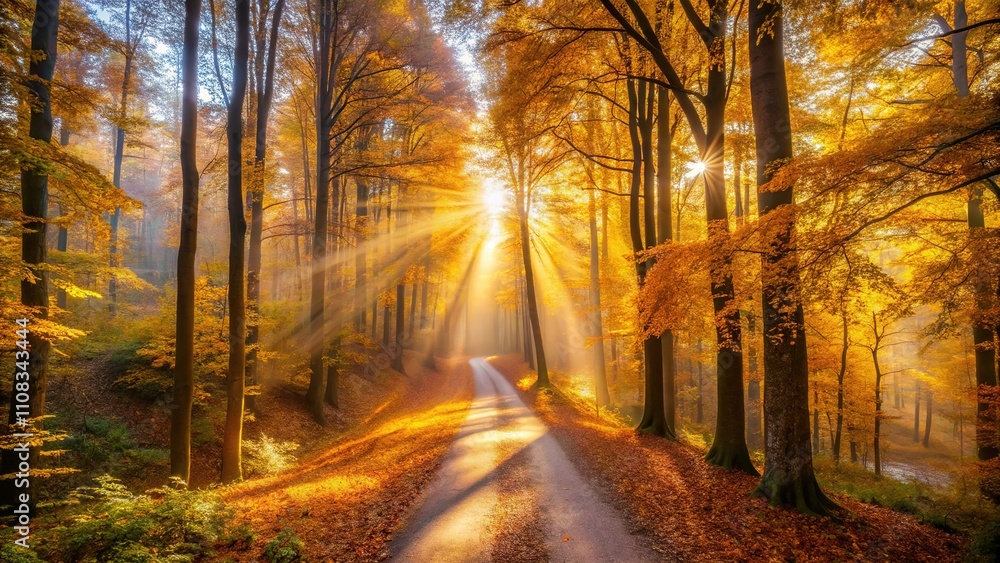 Golden Autumn Forest Pathway Aerial View Golden Autumn Forest Pathway Aerial View