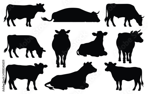 Set of brown swiss cow silhouettes in various poses. isolated vector on white background.