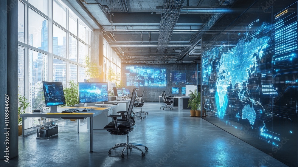 A futuristic office with holographic projectors and augmented reality screens A futuristic office with holographic projectors and augmented reality screens