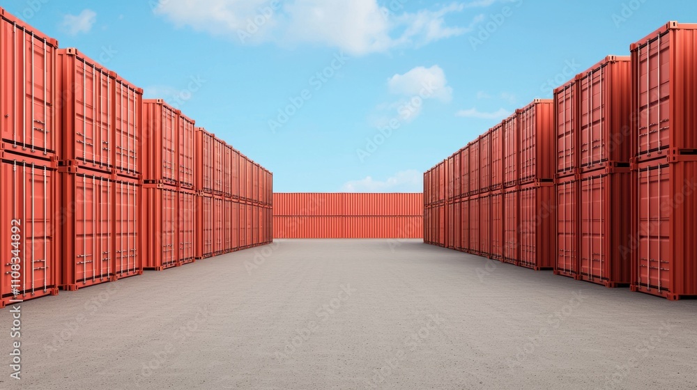 Fototapeta premium A row of red shipping containers are stacked in a warehouse