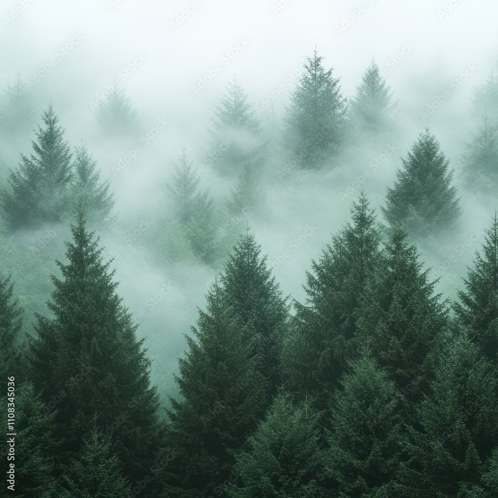 Fototapeta premium Dense Pine Forest with Mist on Soft White Background