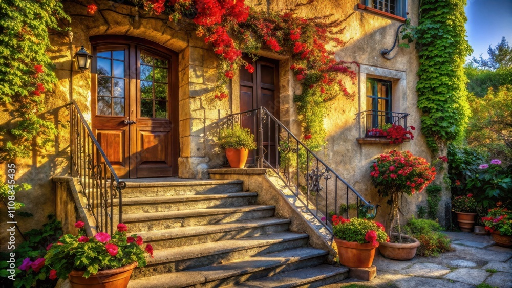 Fototapeta premium A sun-drenched stone staircase leading to a charming wooden door, adorned with vibrant flowers and lush greenery.