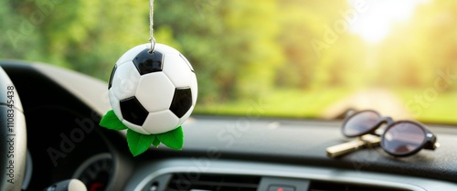 Soccer ball air freshener hanging in car dashboard photo