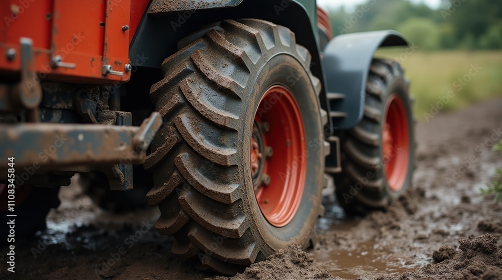 Close-Up of Tractor Tire Deep in Mud on Rural Field Close-Up of Tractor Tire Deep in Mud on Rural Field