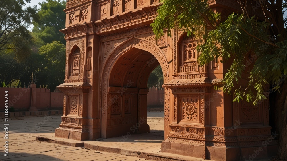 Fototapeta premium Ornate terracotta archway, intricate carvings, sunlight, ancient architecture, historical site.