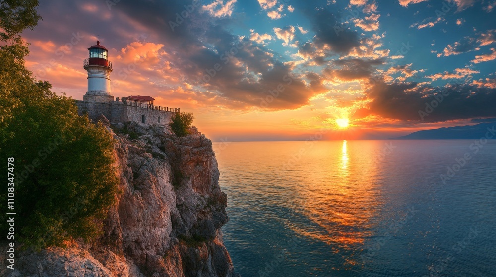 Fototapeta premium A photo of a lighthouse on a cliff during a dramatic sunset
