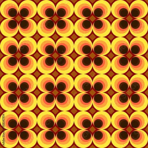 A vibrant, repetitive pattern featuring concentric circles in shades of yellow, orange, and black against a brown background.