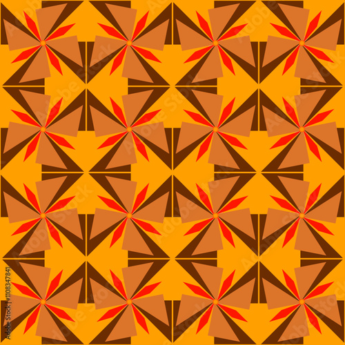 A vibrant geometric pattern showcasing alternating diamond shapes and floral designs in warm orange, brown, and red hues.