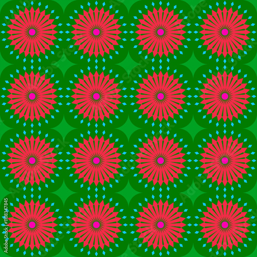 A vibrant, repeating floral pattern featuring pink flowers with blue accents on a deep purple background for Christmas 
