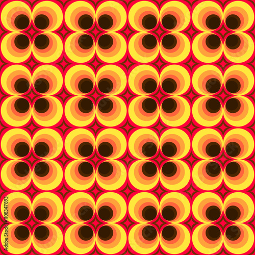 A vibrant, repetitive pattern featuring concentric circles in shades of yellow, orange, and black against a red background.