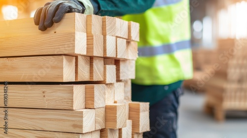 A man wearing a yellow vest is holding a stack of wood
