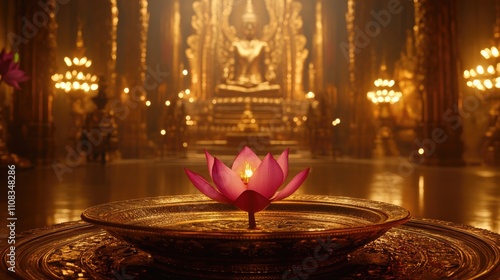 Serene Lotus Flower in an Ornate Temple with Golden Buddha Statue
