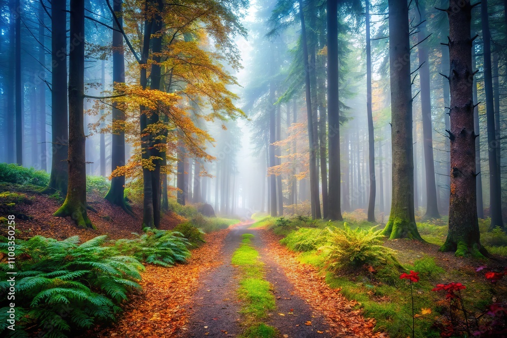 Obraz premium Misty Forest Depth of Field AI Photo, Foggy Woods Landscape, Stunning Nature Scene