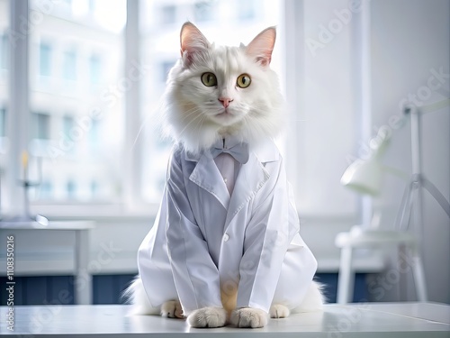 White Cat Professor Silhouette in Lab Coat, AI Photo