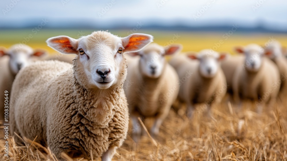Fototapeta premium Sheep on a Farm in Agricultural Landscape